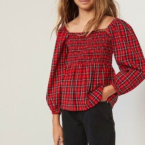 Plaid Red Long-Sleeve Smocked Plaid Cutout Bow Top Girls